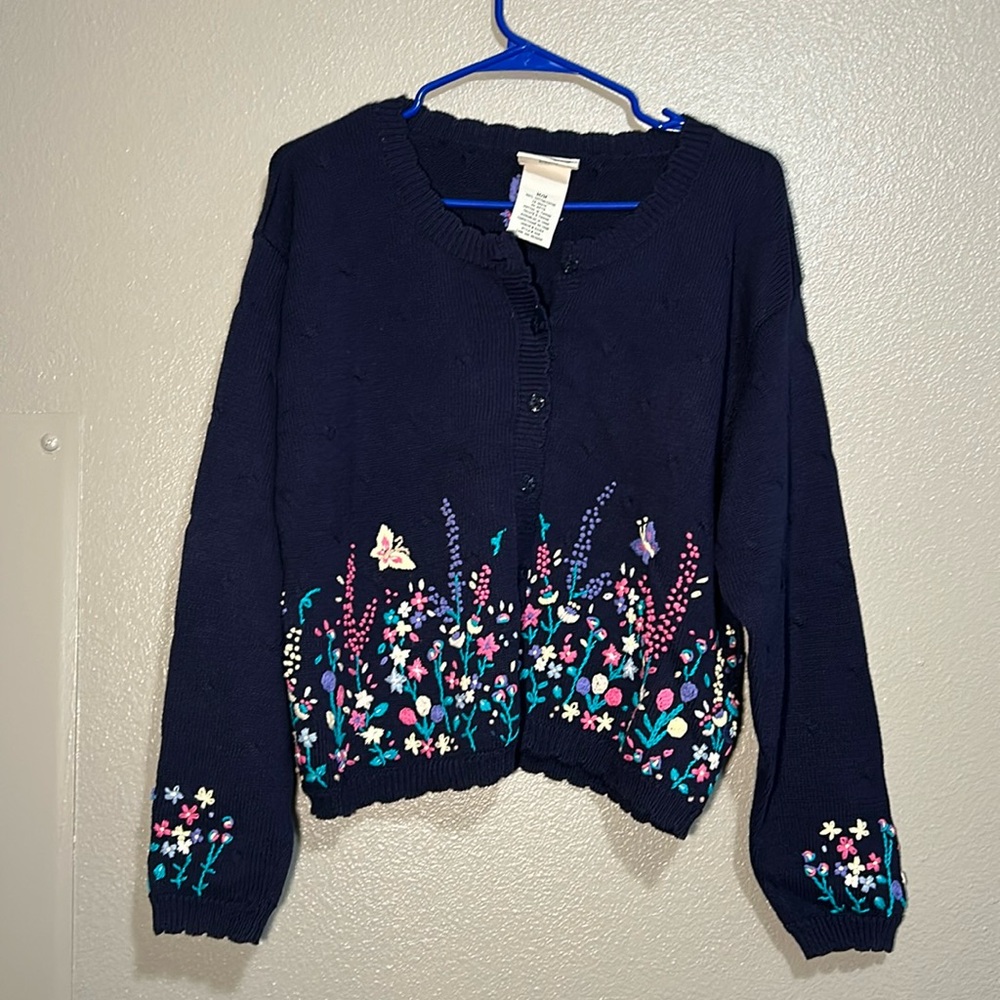 Vintage Navy Floral Embroidered Cardigan M